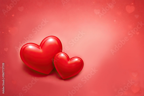 Two glossy red hearts on a red background, copy space. Love, romance, wedding, romantic message, invitation, congratulations