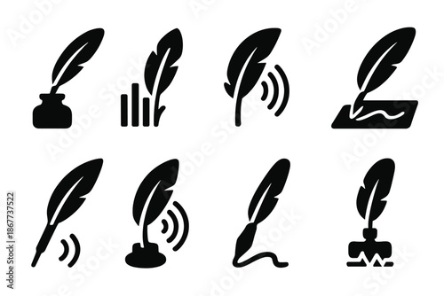 Feather Vibration Tools Icons. Solid style icons of feather vibration tools: quill resonator, frequency feather, wave transmitter,