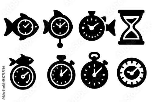 Fish-Themed Time Icons. Solid style icons of fish time measurement: gill clock, fin pendulum, tail rotation dial, scale hourglass,