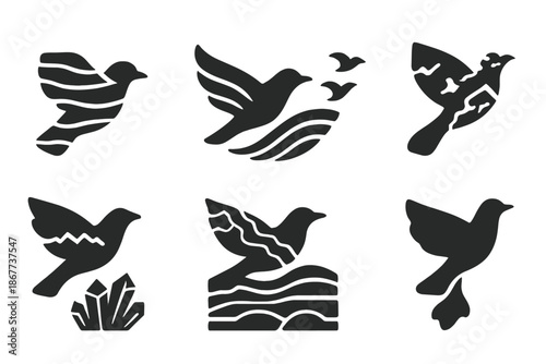 Geological Bird Formations. Solid style icons of bird formation geology: layered stone wings, sediment flight line, mineral flock