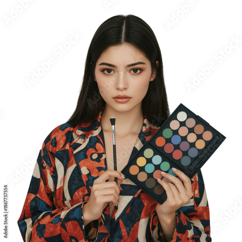 Young Woman Holds a Makeup Palette While Wearing a Floral Shirt in a Studio S...