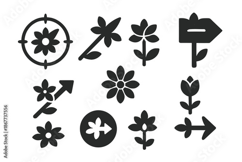 Floral Navigation Symbols. Solid style icons of petals pointing the way: directional flower compass, guiding petal arrow,