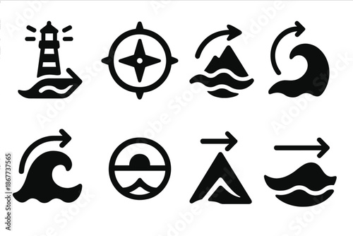 Oceanic Navigation Icons. Solid style icons of oceanic navigation crests: wave direction beacon, marine compass point,