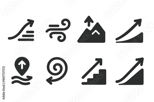 Breezy Ascent Icons. Solid style icons of a breezy ascent to the top: upward airflow curve, gust-guided route, mountain breeze