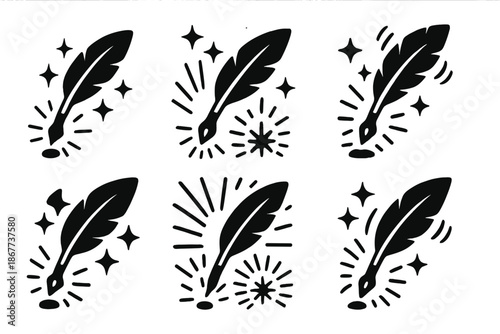 Starlight Quill Icons. Solid style icons of a trembling quill powered by starlight: shining feather pen, radiant ink tremor,