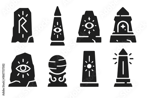 Sacred Foresight Structures. Solid style icons of sacred foresight structures: illuminated rune pillar, glowing prediction spire,