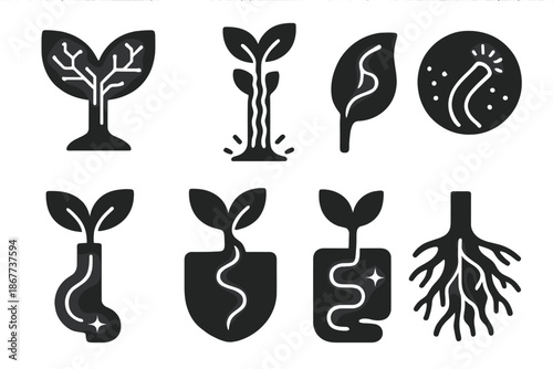 Luminous Botanical Grid. Solid style icons of gaseous botanical systems: luminous vascular grid, xenon flow map, glowing xylem