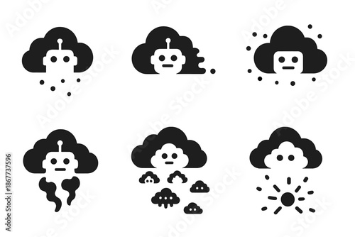Fleeting Robot Cloud. Solid style icons of a fleeting robot cloud: passing nano haze, dissolving machine fog, momentary particle