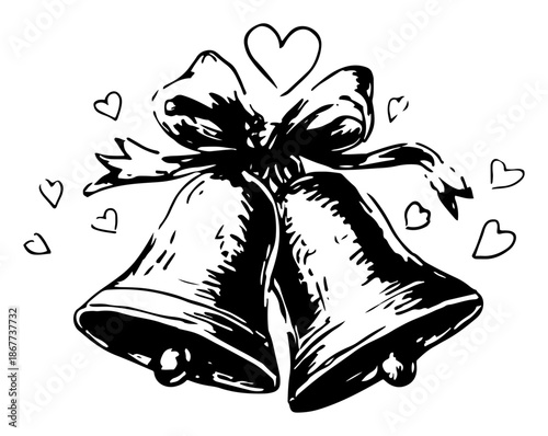 Two wedding bells tied with ribbon bow and hearts ink sketch