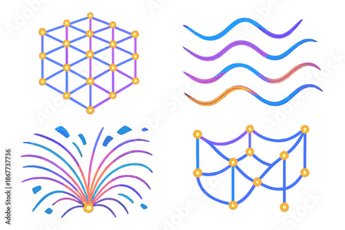 Luminous Aetheric Weave. Isometric vector illustration set Aetheric Weave Pattern: luminous weave grid, floating aether strands,