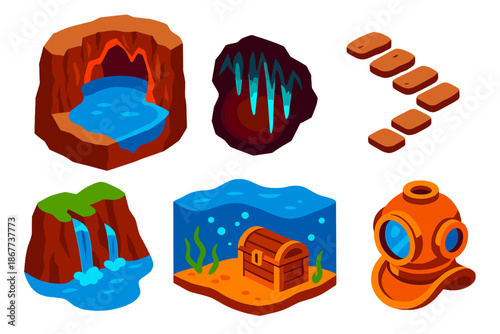 Subterranean Ocean Treasures. Isometric vector illustration set Subterranean Ocean Map: hidden cave lake, glowing stalactites,
