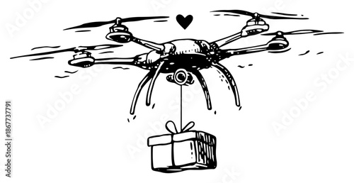 Drone flying and delivering a gift box sketch
