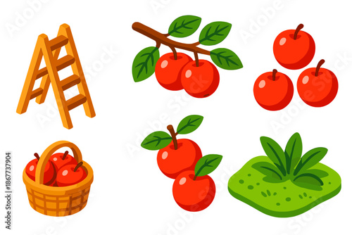 Apple Orchard Icons. Isometric vector illustration set Apple Orchard Ladder: orchard ladder setup, apple tree branches, ripe
