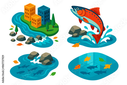 Urban Salmon Leap. Isometric vector illustration set Urban River Salmon: river flowing through cityscape, salmon leaping, rocks