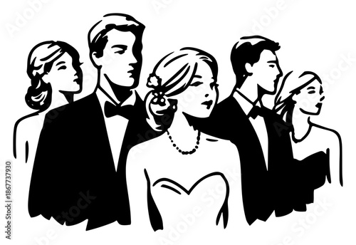 Group of elegant wedding guests standing together in formal attire