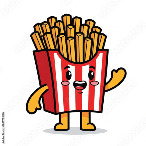 Cute French Fries Cartoon Character Waving in Red and White Striped Container Isolated on White Background