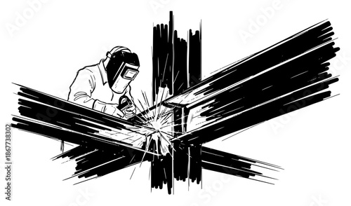 Professional welder working on steel beams with flying sparks sketch