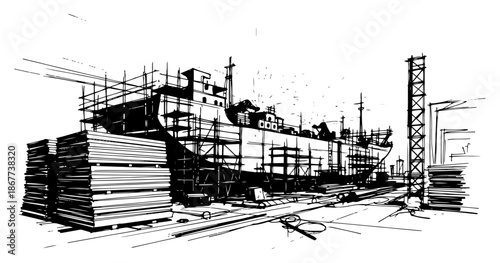 Large cargo ship under construction with scaffolding in shipyard sketch