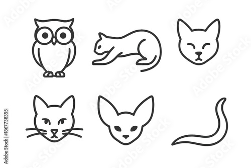 Night Creature Icons. Line style icons of Night Creatures: soft-eyed figure, quiet predator form, sleek body outline, pointed-ear