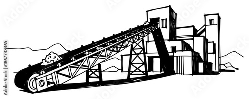 Industrial conveyor belt system transporting material at mining site sketch