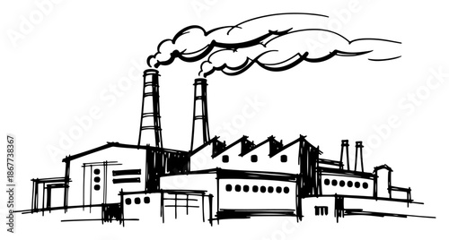 Industrial factory building with smoking chimneys hand drawn sketch style