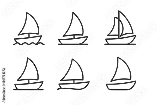 Ocean Travel Icons. Line style icons of Ocean Travel: voyage craft, smooth keel, soft sail curve, horizon boat, marine outline,
