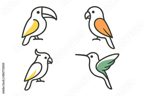 Tropical Bird Icons. Line style icons of Tropical Birds: soft beak arc, colorful-feather hint, gentle wing line, curved tail,