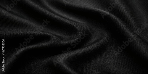 Elegant black satin fabric textile creates a smooth silk background with luxury soft waves and a shiny textured drapery backdrop for fashion decoration