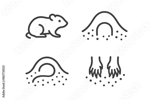 Burrow Line Icons. Line style icons of Burrow Mound Sight: small creature outline, soil hump, inner tunnel, digging paws, grainy