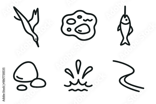 Coastal Dive Icons. Line style icons of Coastal Dive Feast: diving bird, tidal pool, captured fish, rock shapes, splash hint,