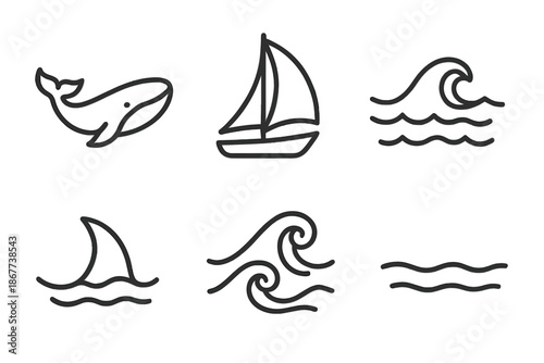 Marine Voyage Icons. Line style icons of Marine Sail Voyage: whale outline, billowing sail, rolling sea, fin sweep, foam arcs,