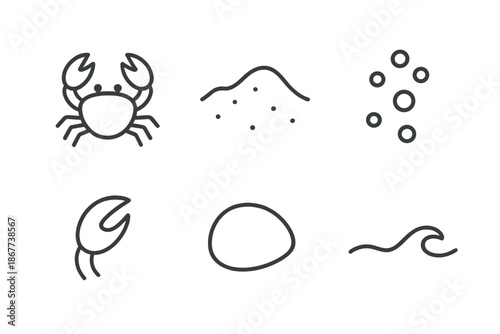 Shore Crab Icon. Line style icons of Shore Crab Foam: small crab form, beach sand, tiny bubbles, pincer arc, pebble hint, wave