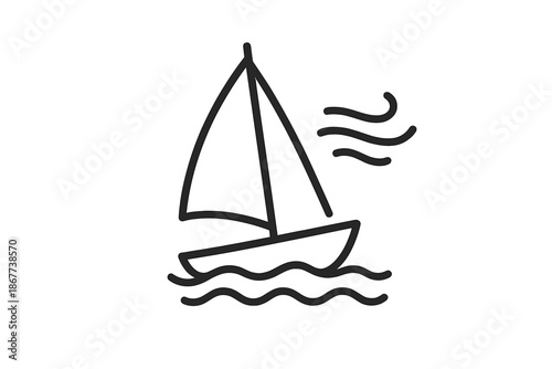 Windborne Boat Icons. Line style icons of Windborne Boat Drift: small sail craft, lifted sail, breeze arcs, rolling water, mast