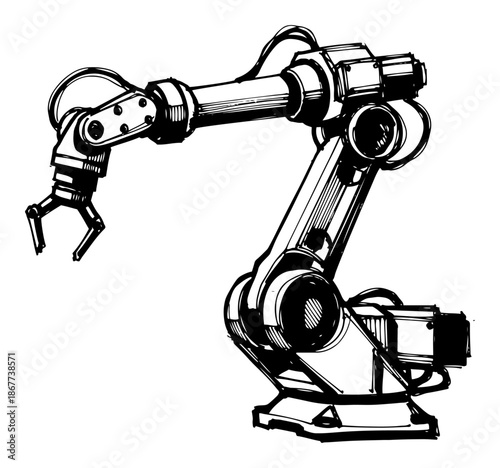 Detailed hand drawn sketch of an industrial robotic arm with claw