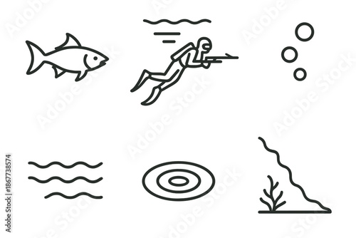 Sea Spear Diver Icons. Line style icons of Sea Spear Diver: sharp-snouted silhouette, deep water lines, fin sweep, bubble arcs,