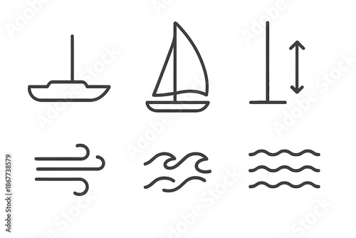Wind Sail Icons. Line style icons of Wind Sail Route: boat profile, full sail, mast height, wind motion, water arcs, sea texture.