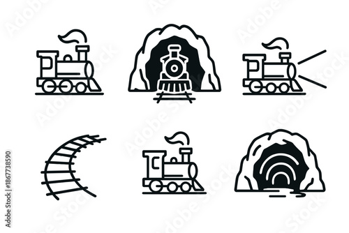 Tracklight Cave Icons. Line style icons of Tracklight Cave Run: locomotive stance, shadowed cave, piercing light, rail curve,