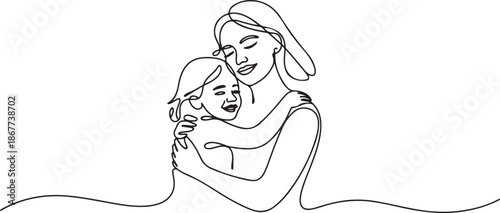 Happy mom with her female child in continuous line art drawing style. one line Art icon drawing