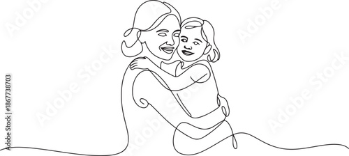 Happy mom with her female child in continuous line art drawing style. one line Art icon drawing