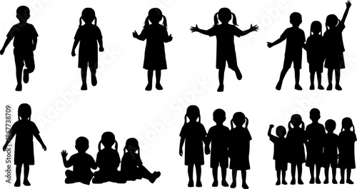 Kids silhouette vector illustration showing multiple children in playful and standing poses. Ideal kid set for educational designs, websites, or creative projects requiring children themed visuals 