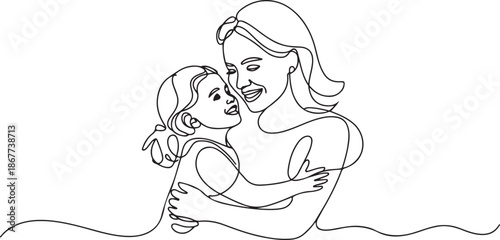 Happy mom with her female child in continuous line art drawing style. one line Art icon drawing