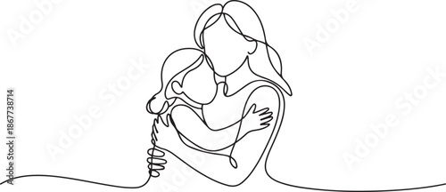 Happy mom with her female child in continuous line art drawing style. one line Art icon drawing