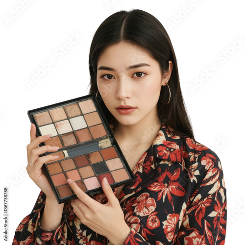 Young Woman Holds a Makeup Palette While Wearing a Floral Shirt in a Studio S...