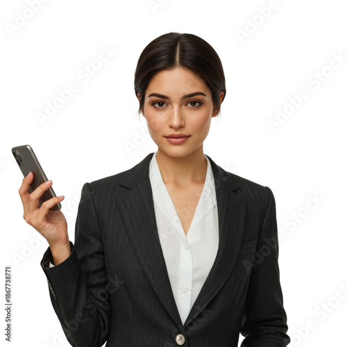 Businesswoman Smiling While Holding a Smartphone in a Professional Setting In...