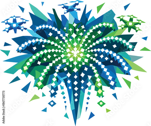 Drone Firework Display. Low-poly vector illustration focused on a sustainable celebration firework created by glowing LED drones,