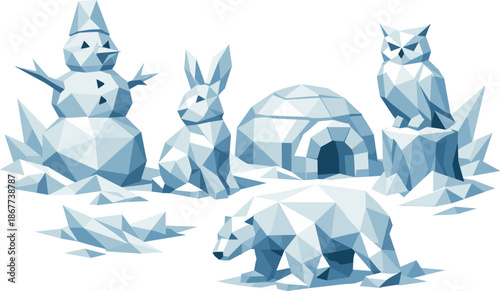 Eco Snow Sculptures. Low-poly vector illustration focused on eco-friendly yard decoration using sculpted compacted snow figures,