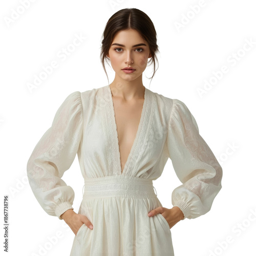 Model Poses in White Dress With Long Sleeves in a Simple Setting