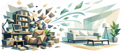 Polygonal Space Renewal. Low-poly vector illustration focused on detoxing living and working spaces, polygonal geometric style