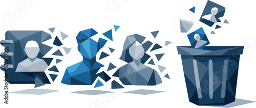 Digital Declutter Art. Low-poly vector illustration focused on deleting contacts, polygonal geometric style with sharp triangular