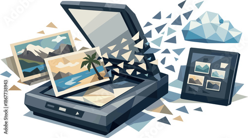 Digitizing Postcards Art. Low-poly vector illustration focused on scanning and digitizing paper postcards, faceted polygonal